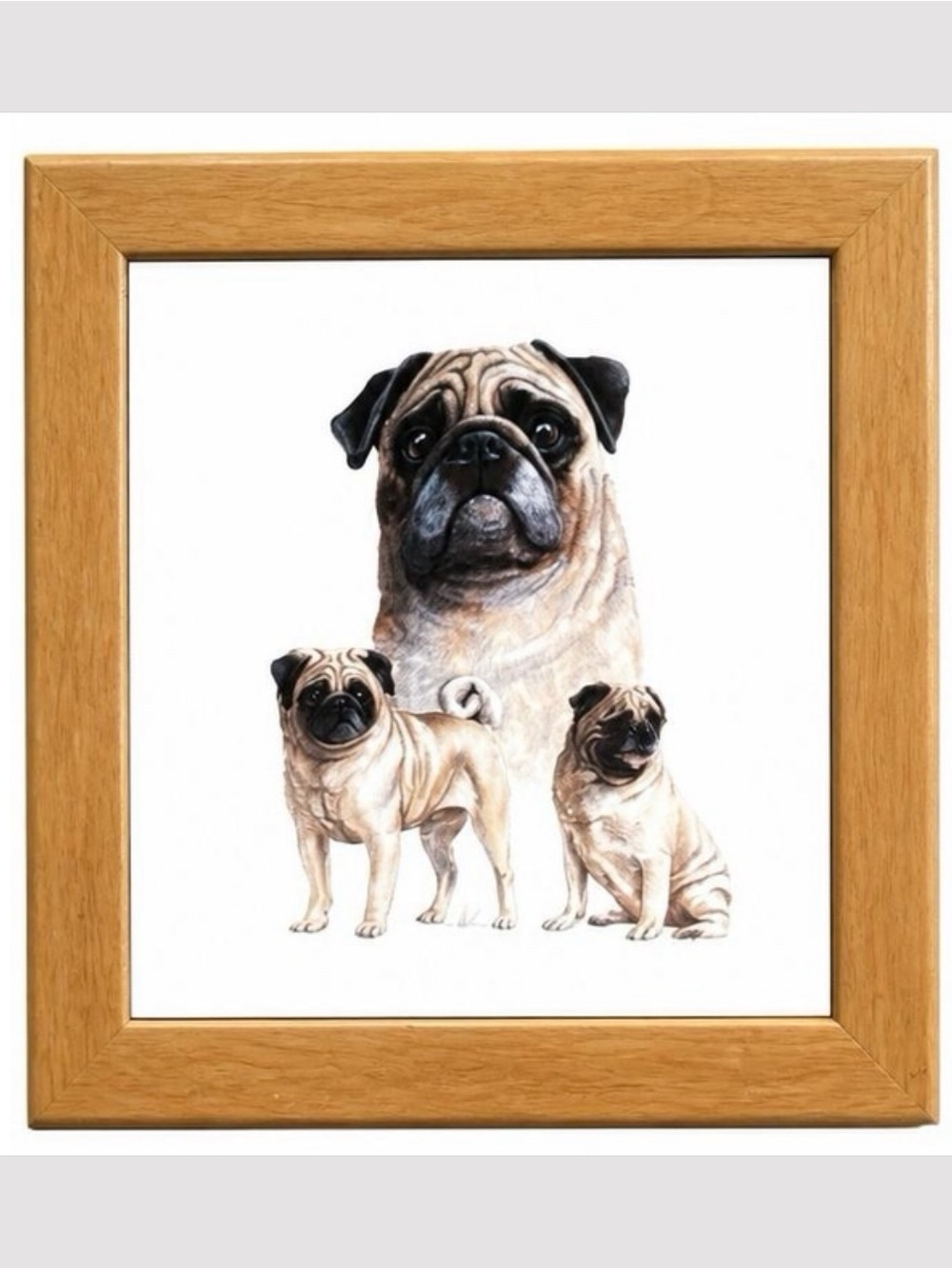 Pug Dog Kitchen Ceramic Trivet Framed in Pine 8" x 8"